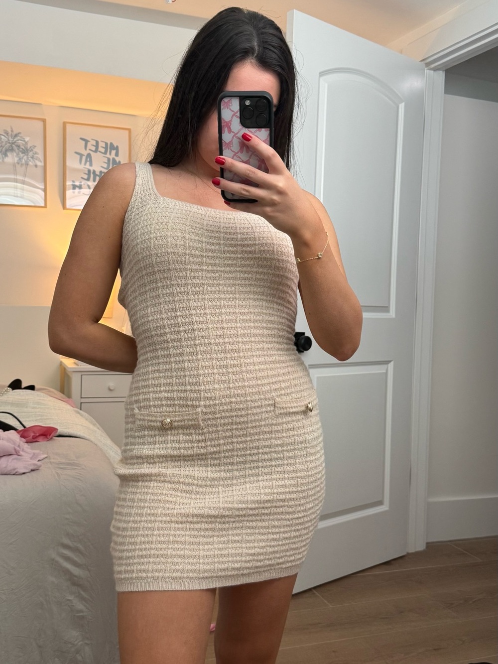 Sleeveless Cream Knit Mini Dress